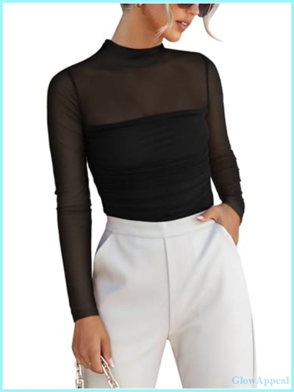 Mesh Long Sleeve Top Mock Neck Ruched Knitted Pullover Sexy